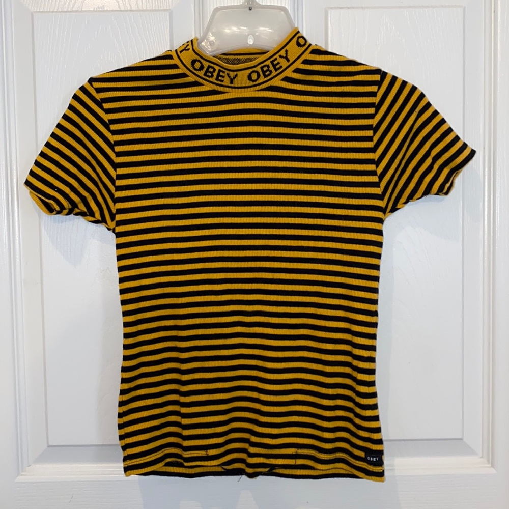 *SOLD* Obey top - yellow/black stripe